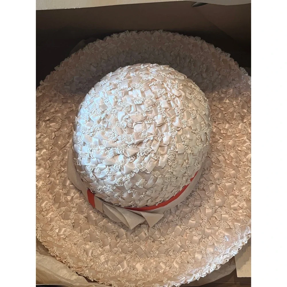Belks Straw Sun Hat Womens 22 Cream Excellent Vintage 60s Wide Brim Ribbon Box